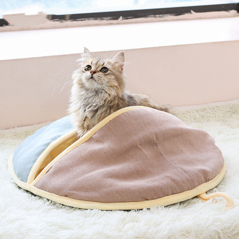 Round Cotton And Linen Wool Warm Semi Enclosed Pet Nest For Cat Small Dog