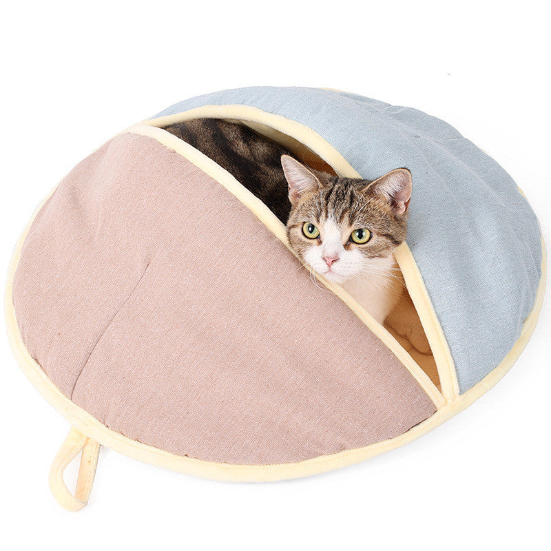 Round Cotton And Linen Wool Warm Semi Enclosed Pet Nest For Cat Small Dog