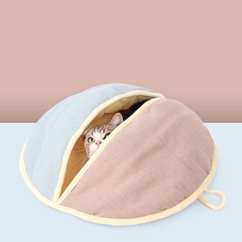 Round Cotton And Linen Wool Warm Semi Enclosed Pet Nest For Cat Small Dog